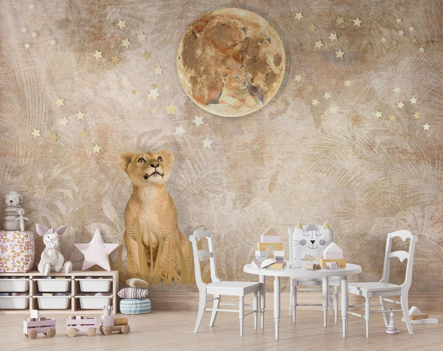 Safari Löwe Tapete | Traumhaftes Mond- und Sternendesign