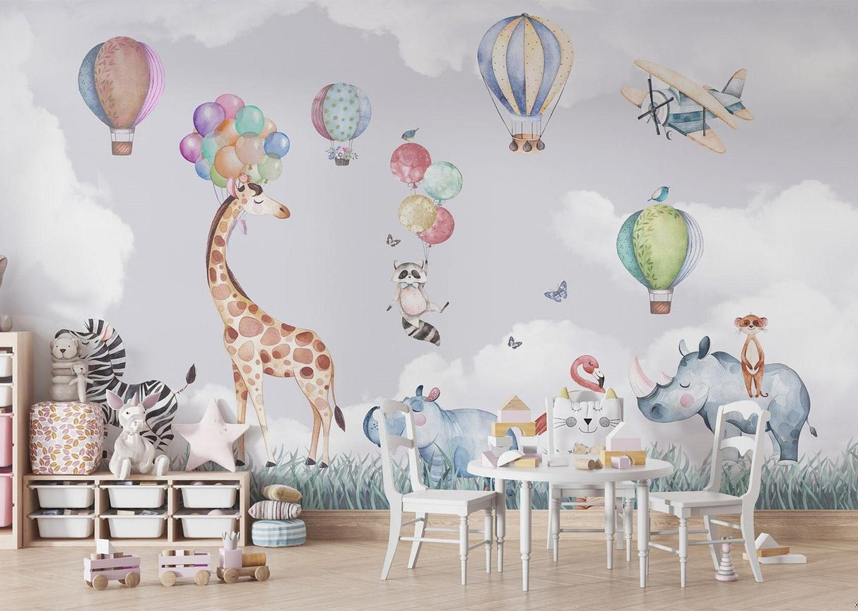 Papier Peint Mural Animaux Safari | Aventure en Montgolfière Aquarelle