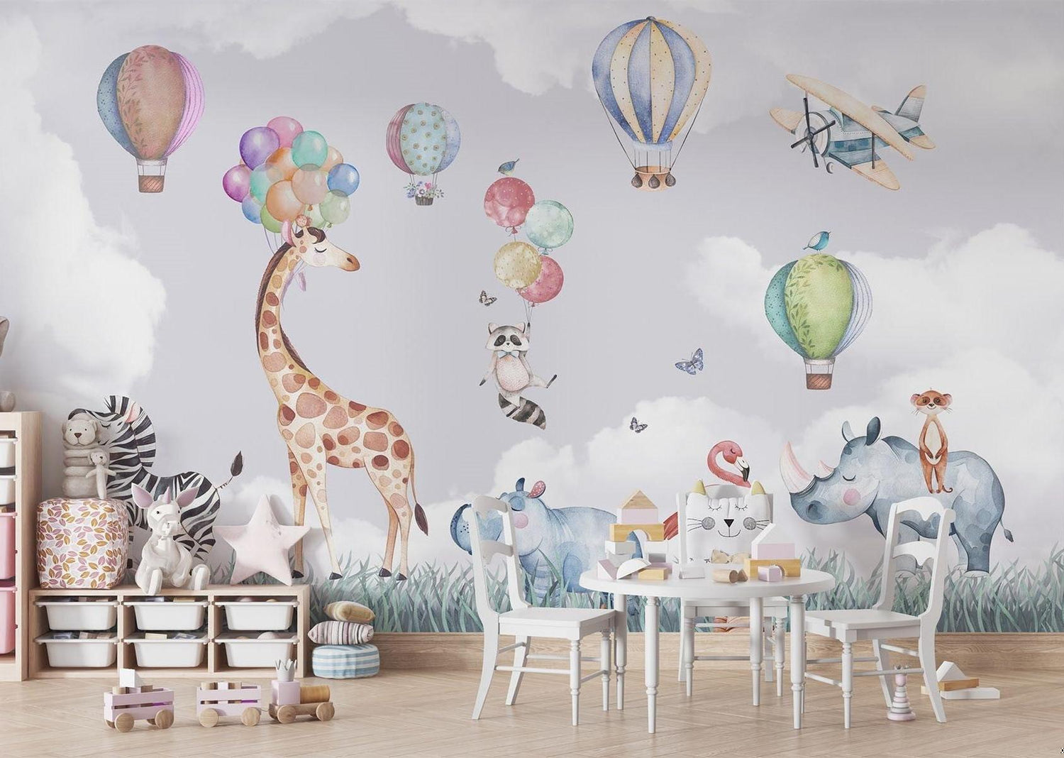 Papier Peint Mural Animaux Safari | Aventure en Montgolfière Aquarelle