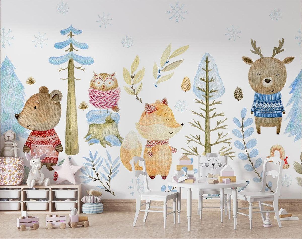 Forest Animals Mural Wallpaper | Winter Woodland with Cozy Sweaters