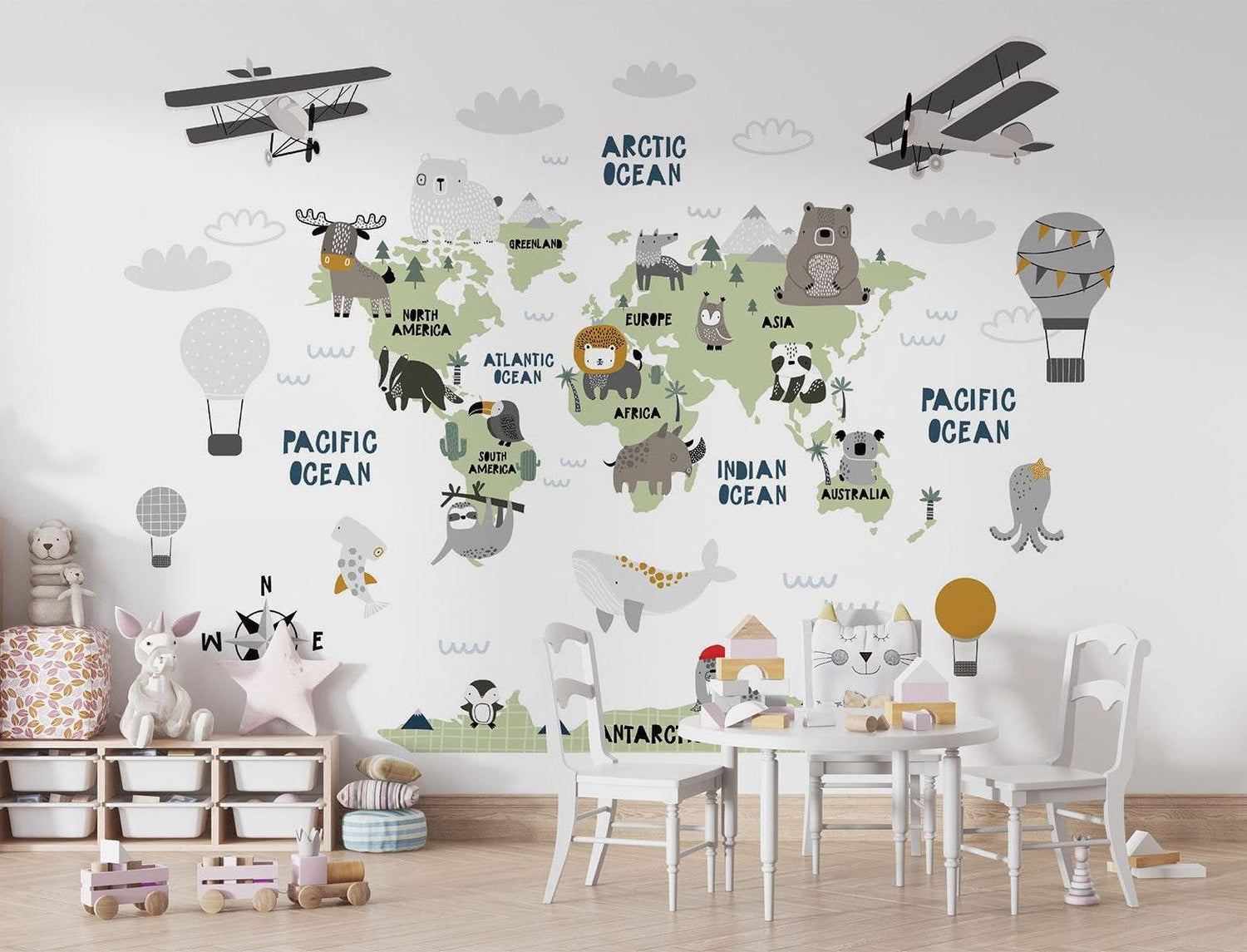 Papier Peint Mural Carte du Monde | Thème Aventure Enfants avec Animaux