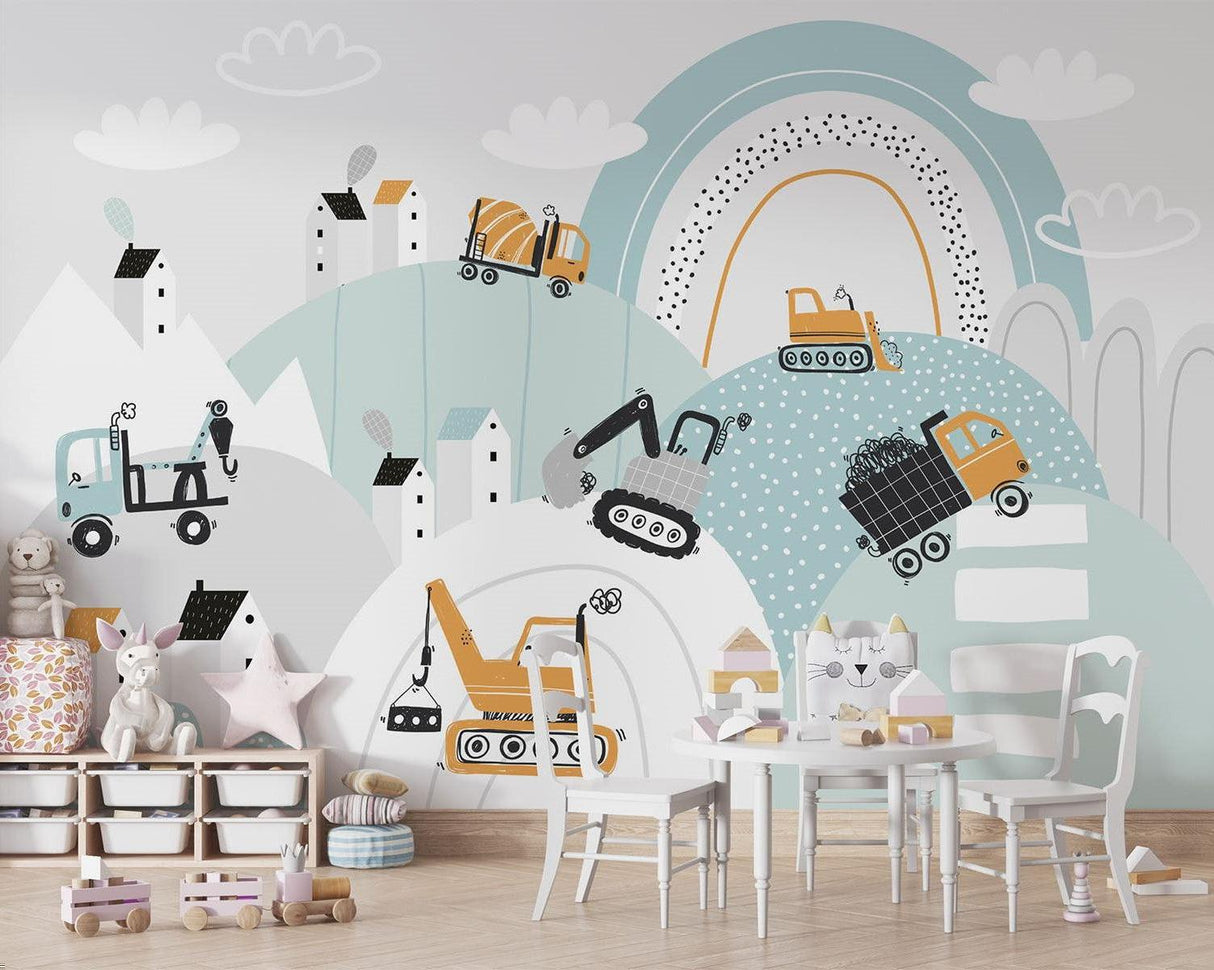 Byggetapet | Legesygt køretøjsscene med regnbue