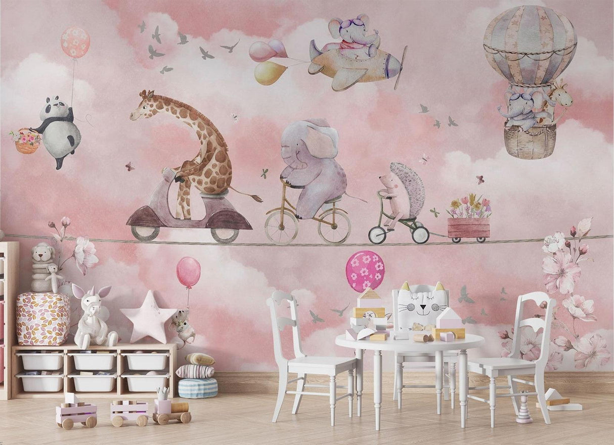 Papier Peint Mural Animaux pour Enfants | Parade d'Aventure dans le Ciel Rose
