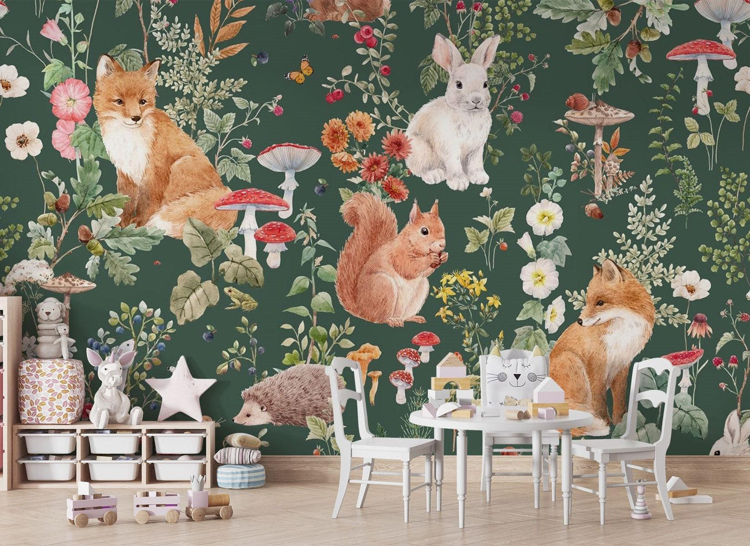 Forest Animals Mural Wallpaper | Woodland Creatures With Mushrooms