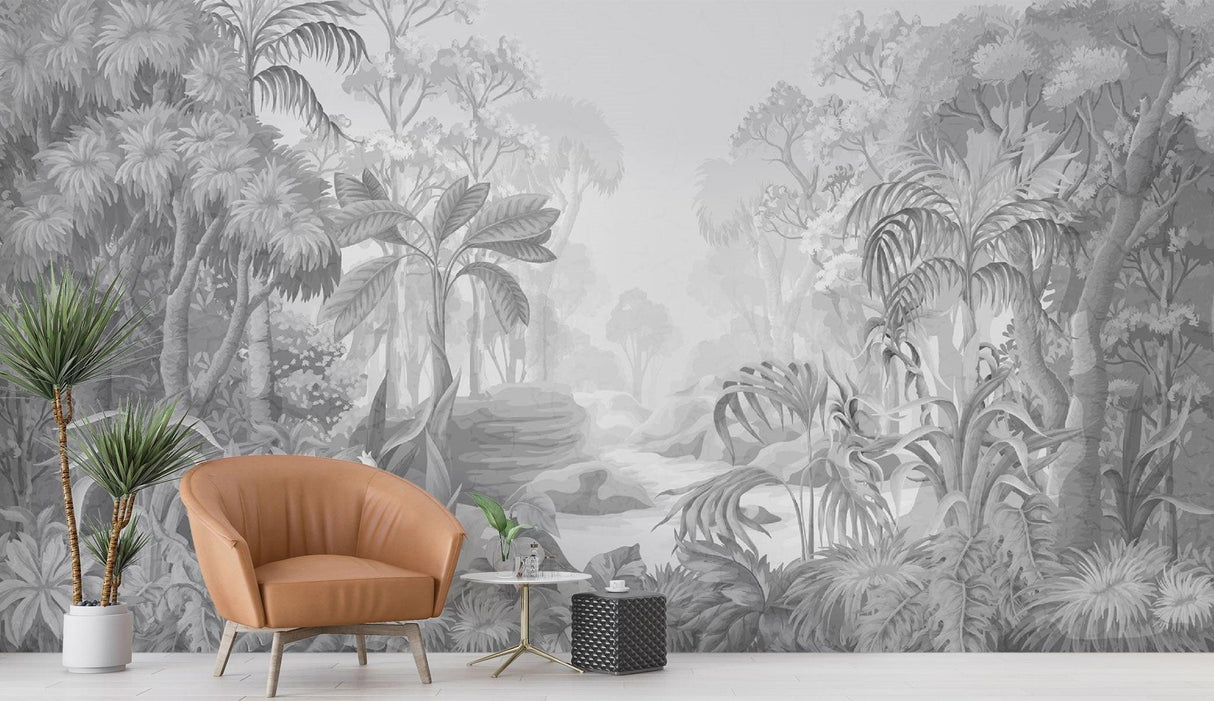 Carta da Parati Murale Tropicale | Paradiso della Giungla Monocromatico