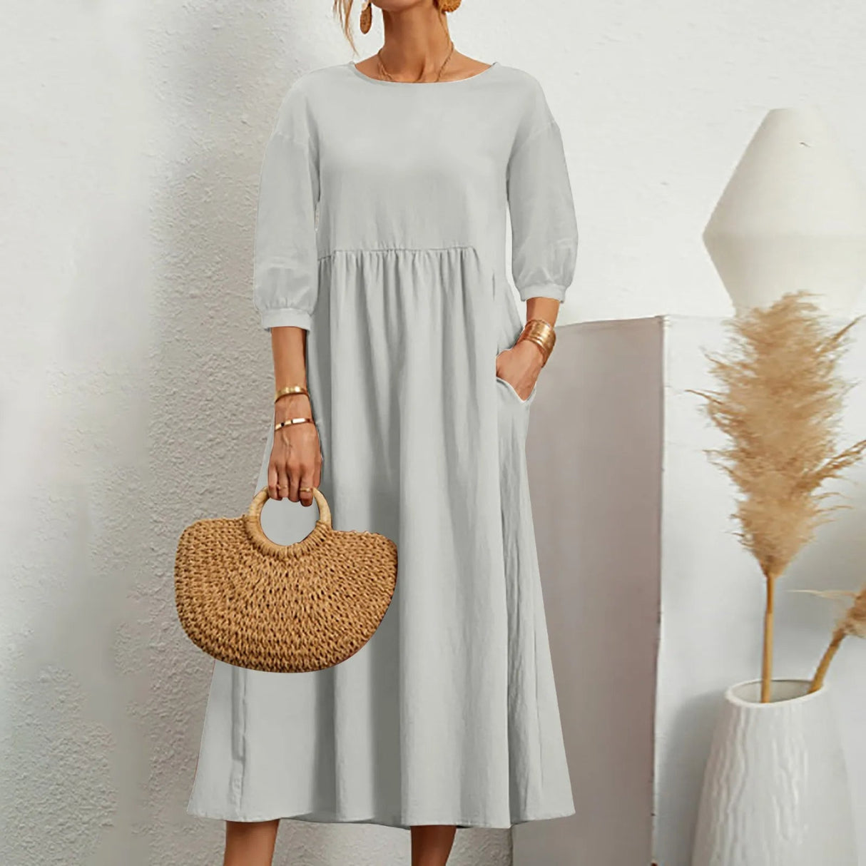 Cotton Midi Dress Casual A-Line Silhouette With Pockets - Product detail 14