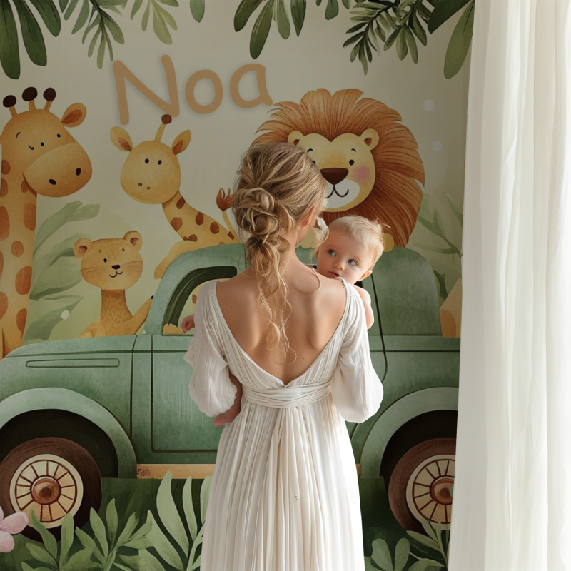 Safari Mural Wallpaper | Jungle Animals Adventure with Vintage Car