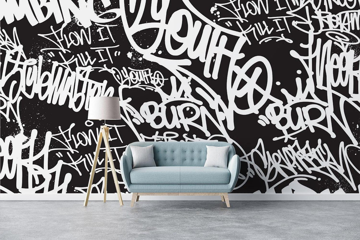 Graffiti Mural Wallpaper | Urban Black and White Street Art