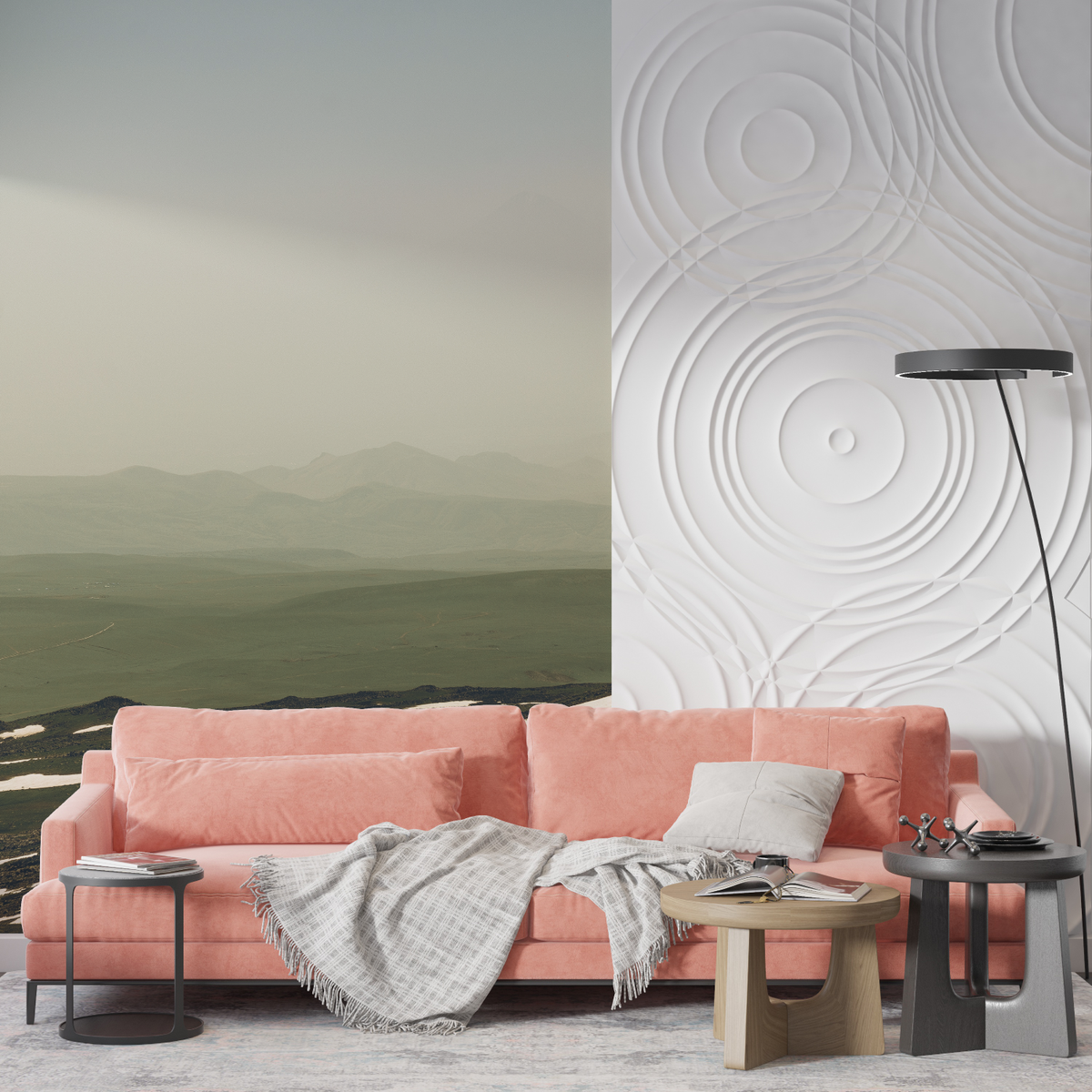 Mountain Mural Wallpaper | Misty Green Landscape with White Waves
