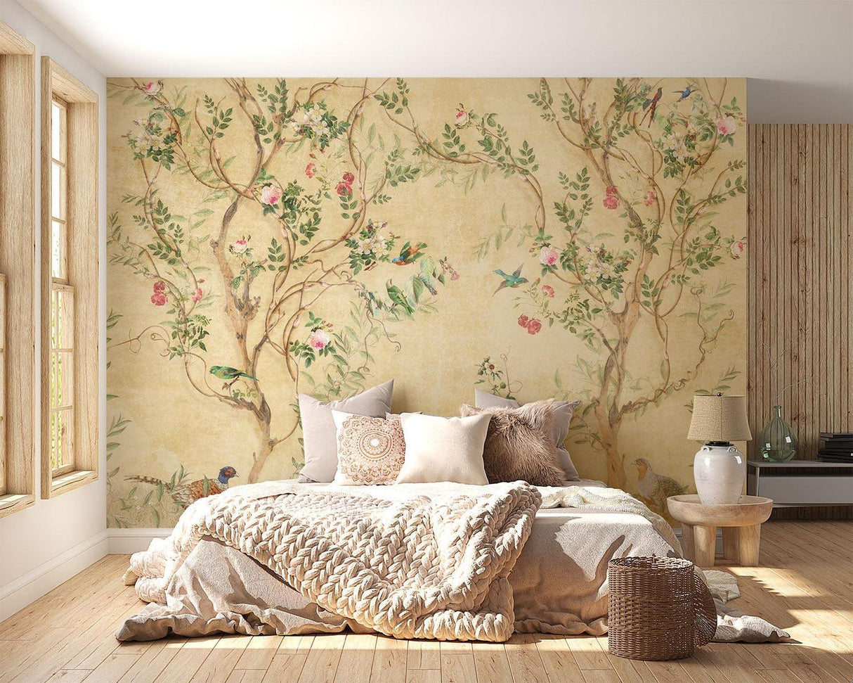 Papel Pintado Mural Floral Vintage | Diseño Chinoiserie de Pájaros y Rosas