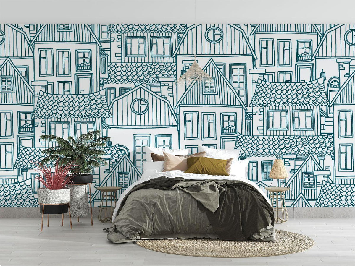 City Line Art Mural Wallpaper | Blue Architectural Sketch Design