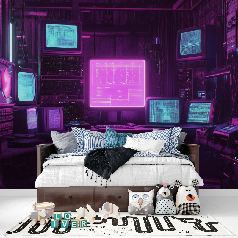Gaming Mural Wallpaper | Retro Tech Purple Neon Design