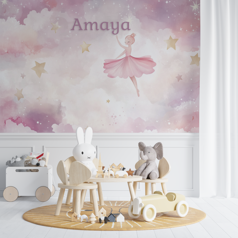 Ballet Mural Wallpaper | Dreamy Pink Dancer with Golden Stars