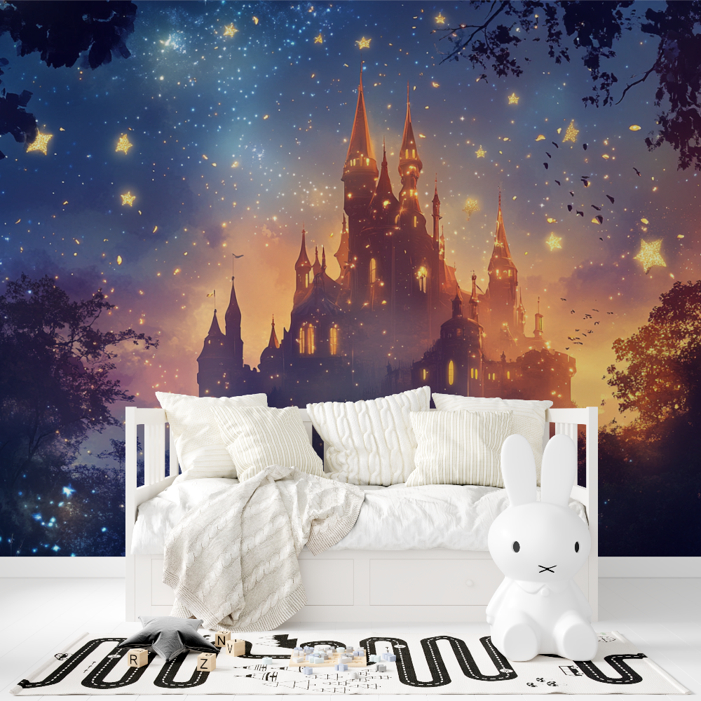 Castle Mural Wallpaper | Magical Night Sky With Golden Stars