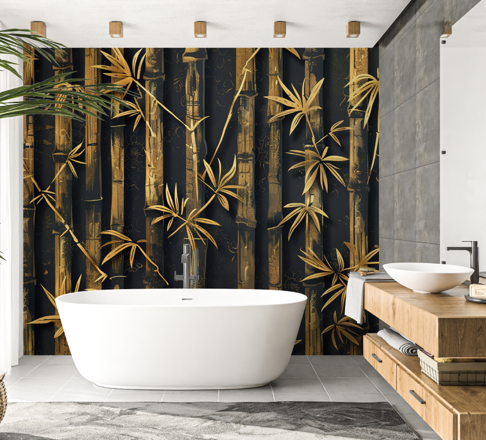 Bamboo Mural Wallpaper | Black and Gold Oriental Design