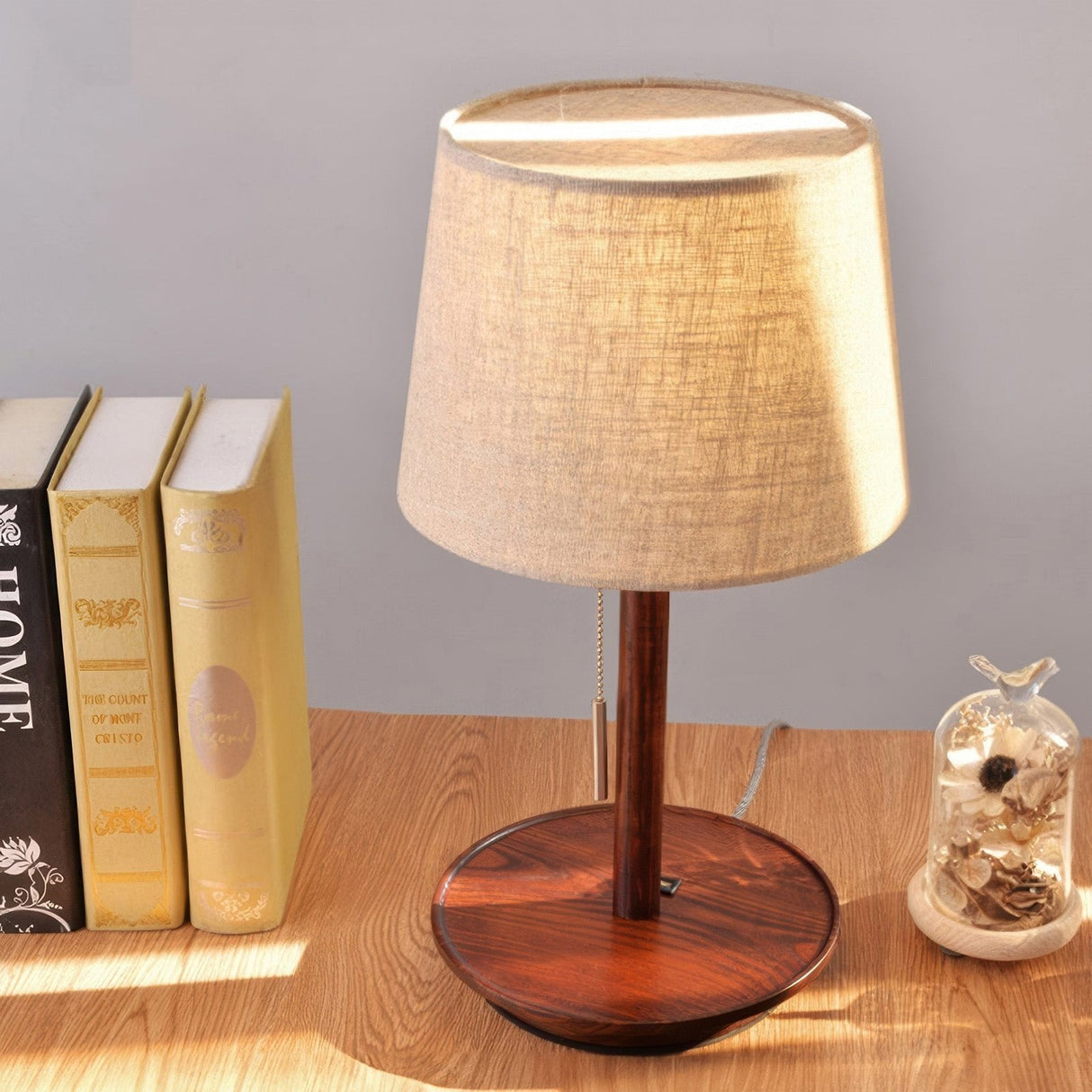 Mid Century Table Lamp  Walnut Wood Base with Linen Shade - Product detail 5