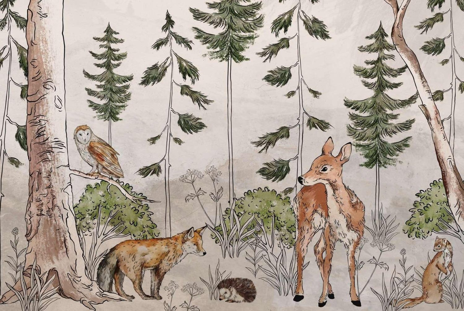 Forest Animals Mural Wallpaper | Watercolor Woodland Scene