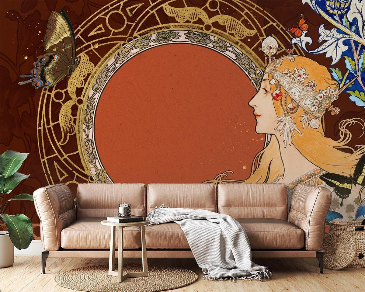 Art Nouveau Mural Wallpaper | Vintage Butterfly and Gold Design
