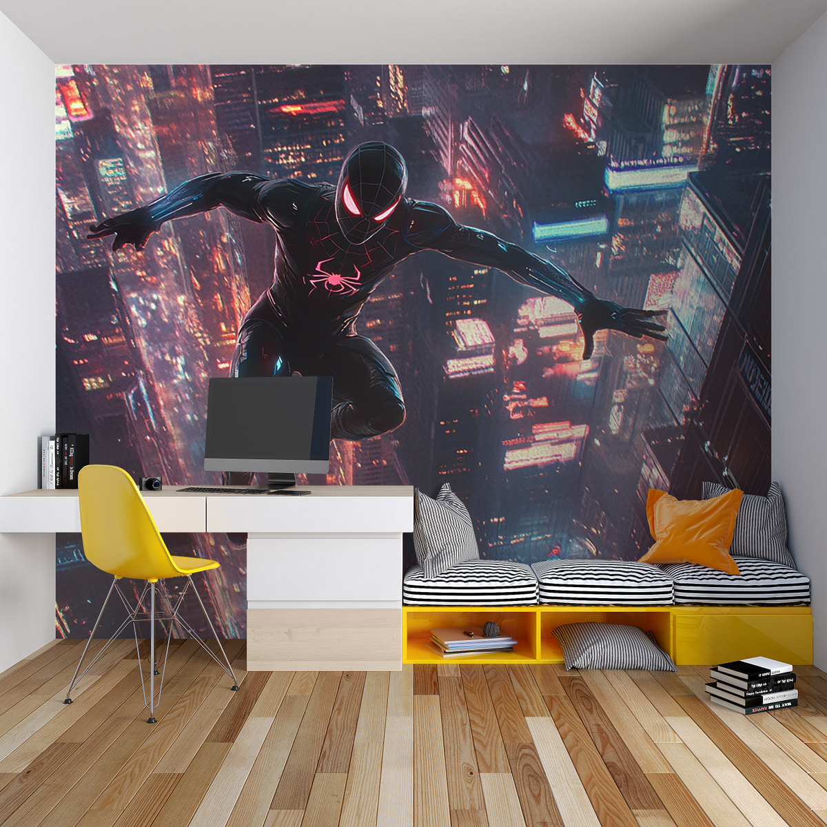 Superhero Mural Wallpaper | Night City Spiderman Action