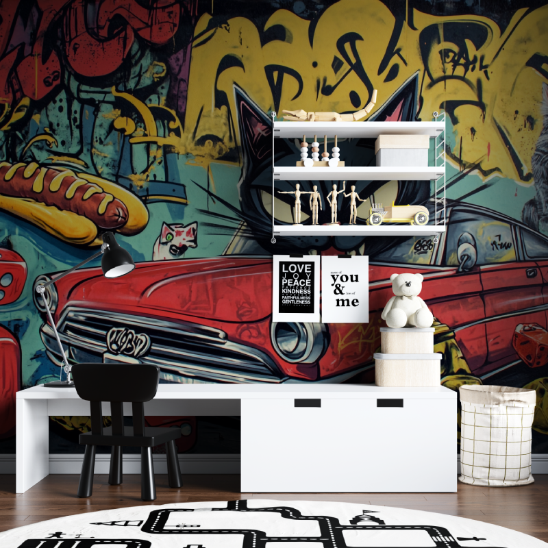 Street Art Mural Wallpaper | Urban Graffiti with Classic Car