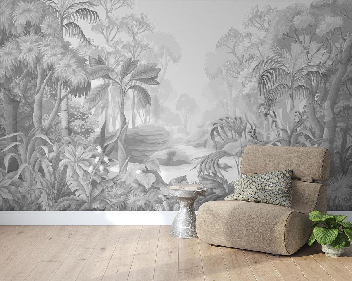 Carta da Parati Murale Tropicale | Paradiso della Giungla Monocromatico