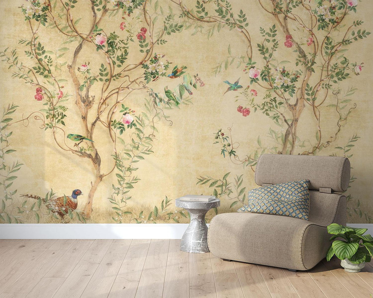 Papel Pintado Mural Floral Vintage | Diseño Chinoiserie de Pájaros y Rosas