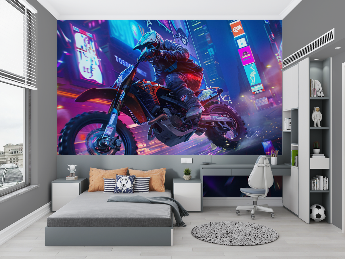Cyberpunk Mural Wallpaper | Urban Motocross Night Scene