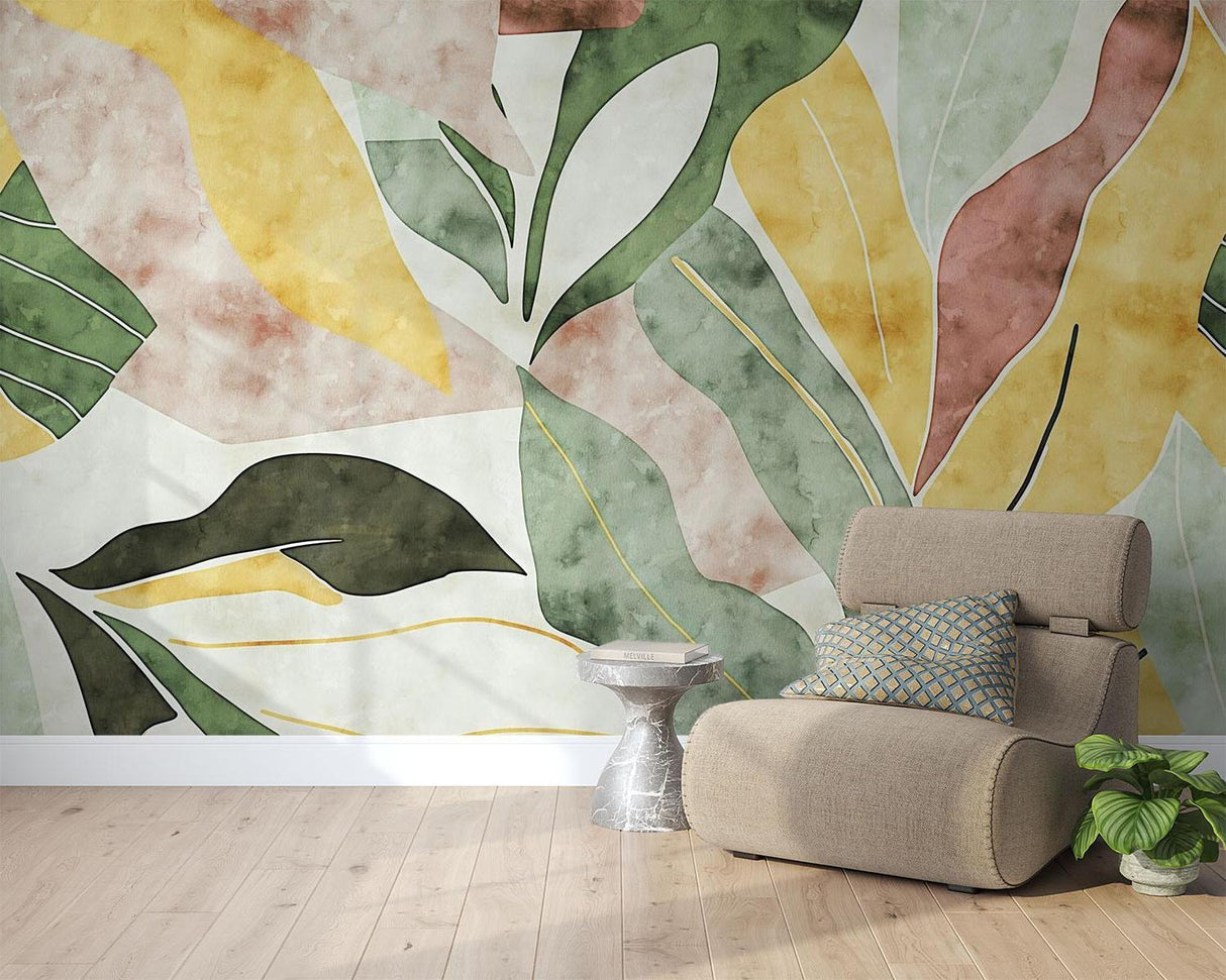 Papel Pintado Mural Tropical | Hojas Abstractas en Acuarela Amarillas y Verdes