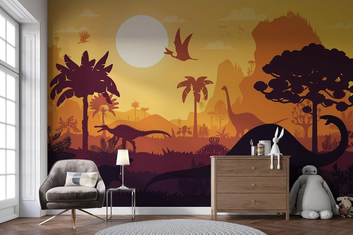 Papier Peint Mural Dinosaure | Paysage Préhistorique au Coucher du Soleil