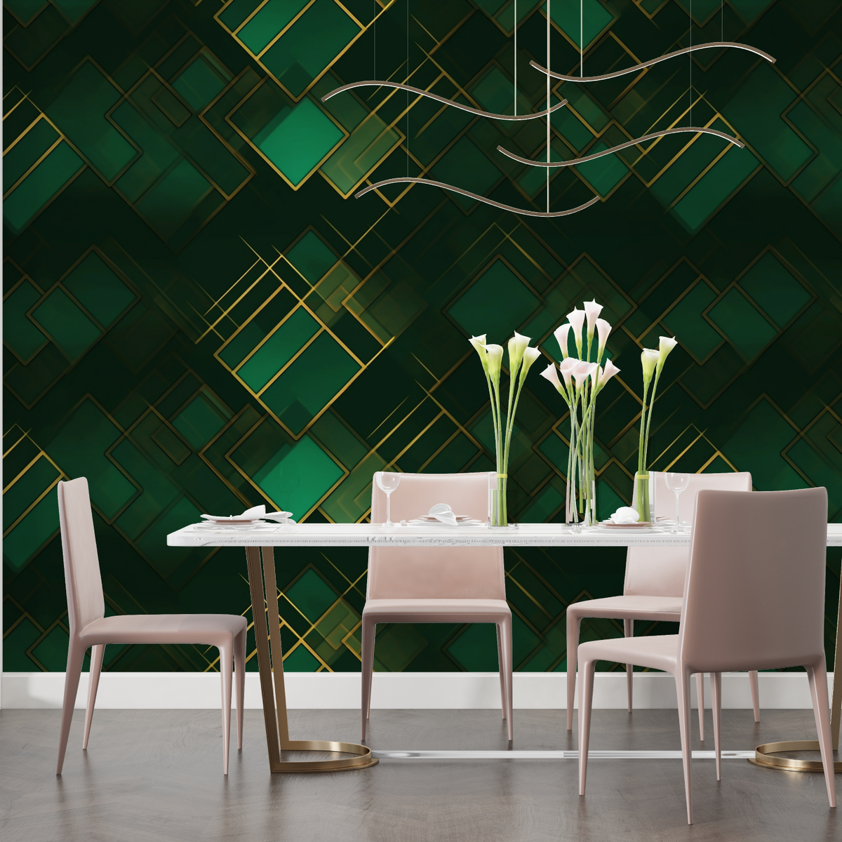 Geometric Mural Wallpaper | Art Deco Green and Gold Pattern
