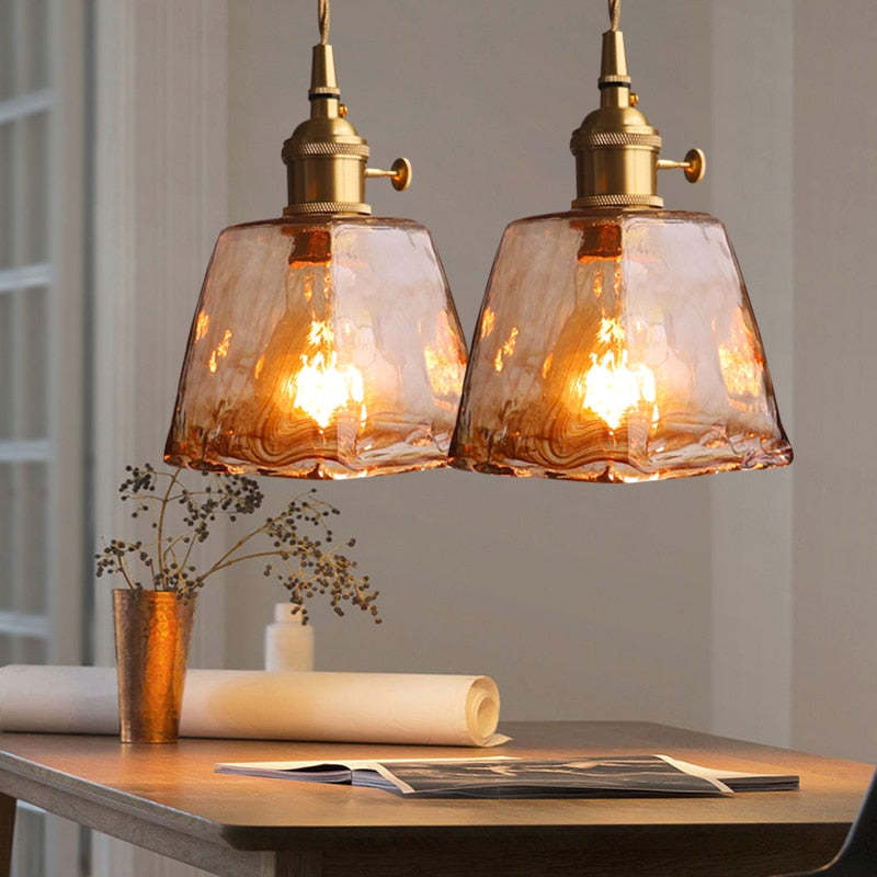 Vintage Glass Pendant Light Amber Textured Shade - Product detail 7