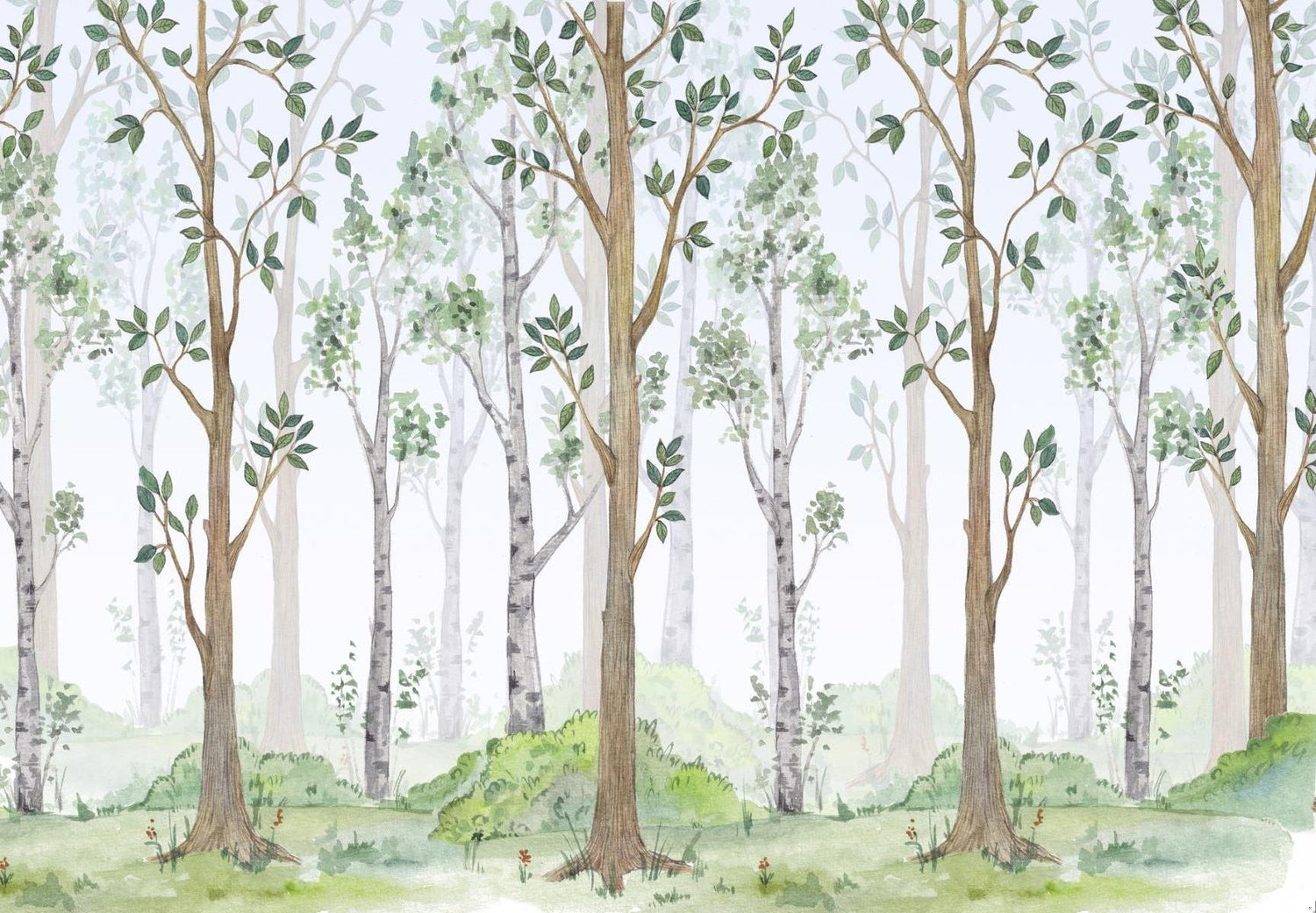 Papier Peint Mural Forêt | Design Arbre Aquarelle Avec Feuilles Vertes