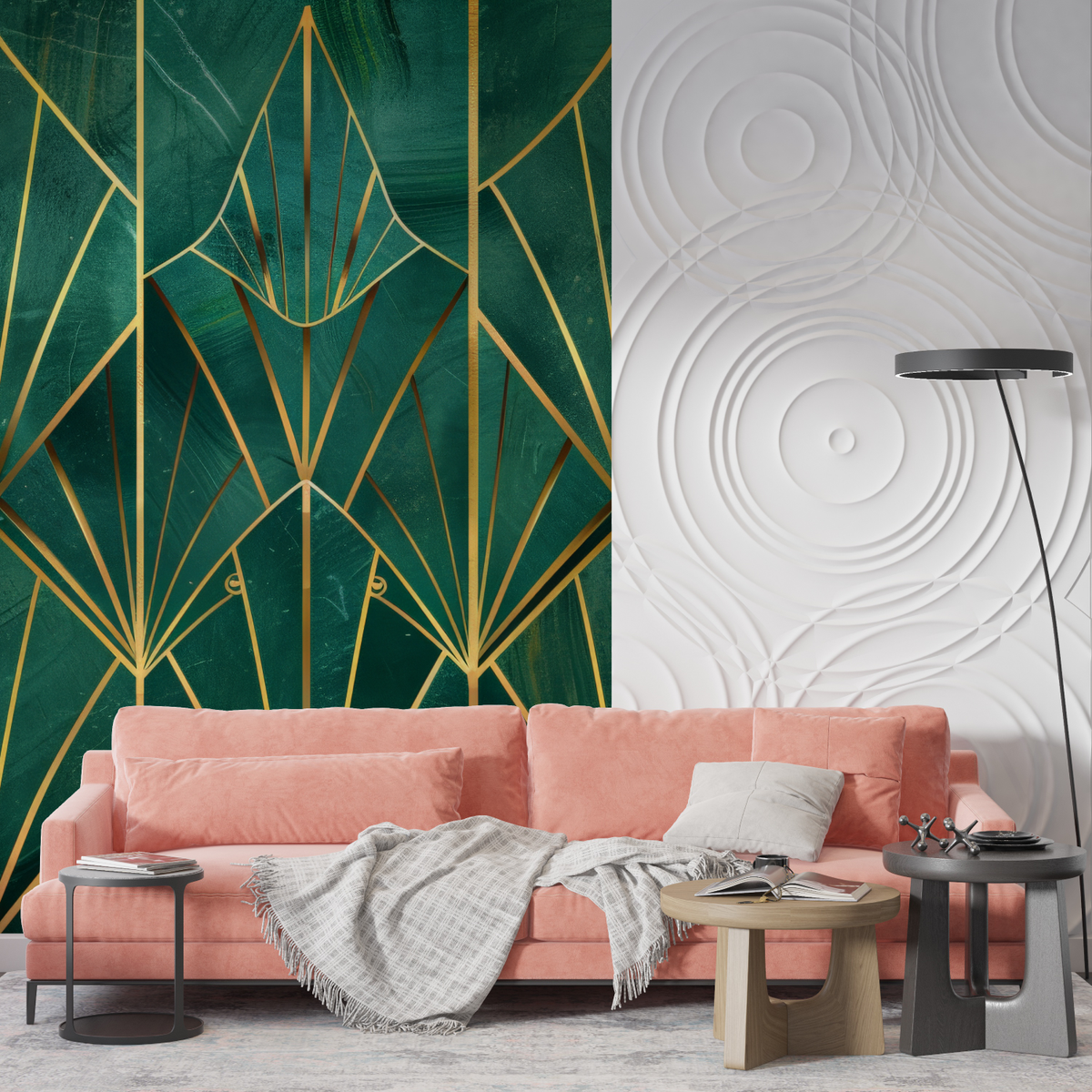 Art Deco Mural Wallpaper | Emerald Green and Gold Geometric Pattern