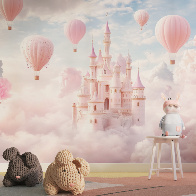 Princess Castle Mural Wallpaper | Pink Hot Air Balloons Fantasy