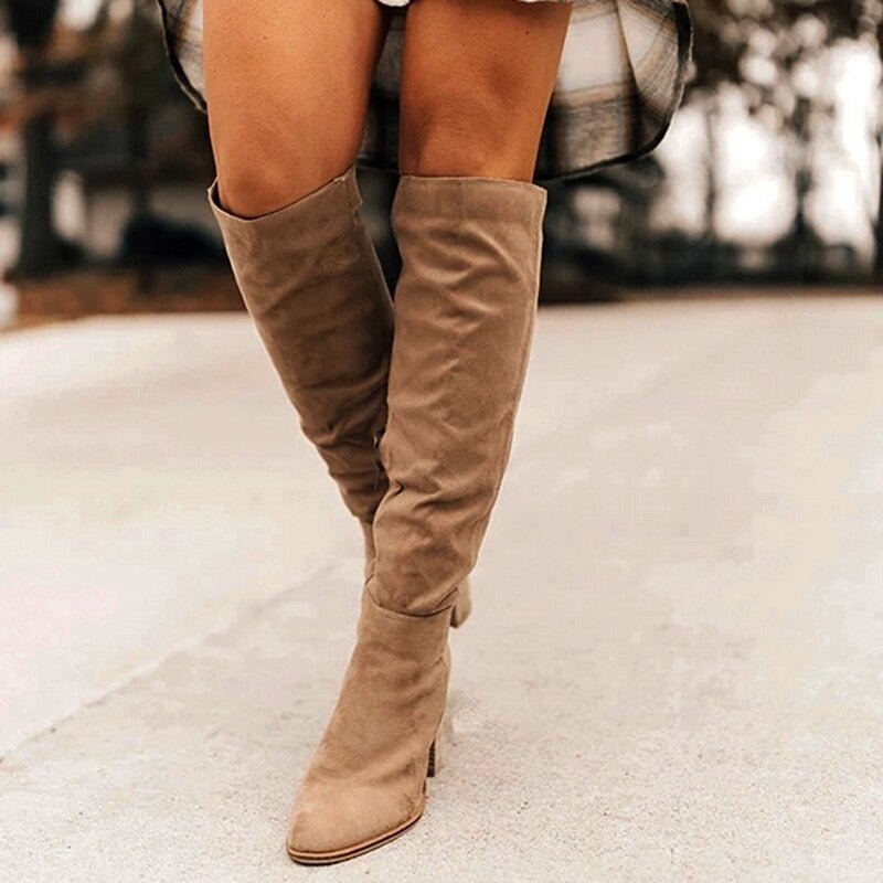 Suede Knee High Boots  Cognac Brown Slouchy Design - Detailed view