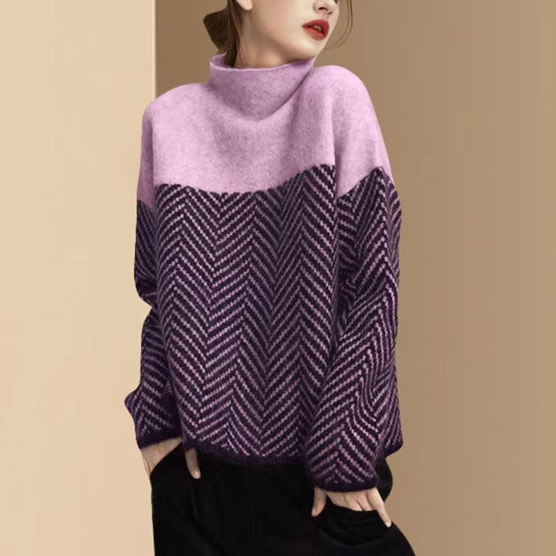 Wool Blend Turtleneck Sweater Chevron Pattern Design - Product detail 13