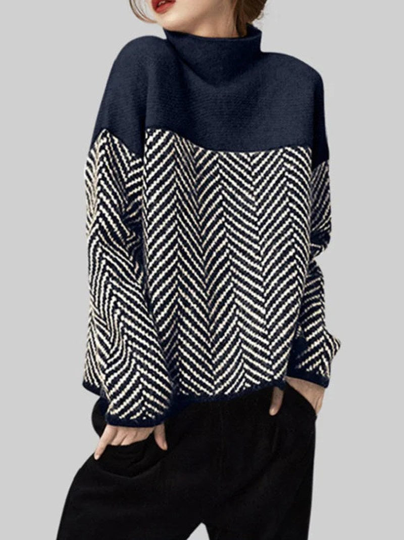 Wool Blend Turtleneck Sweater Chevron Pattern Design - Product detail 12