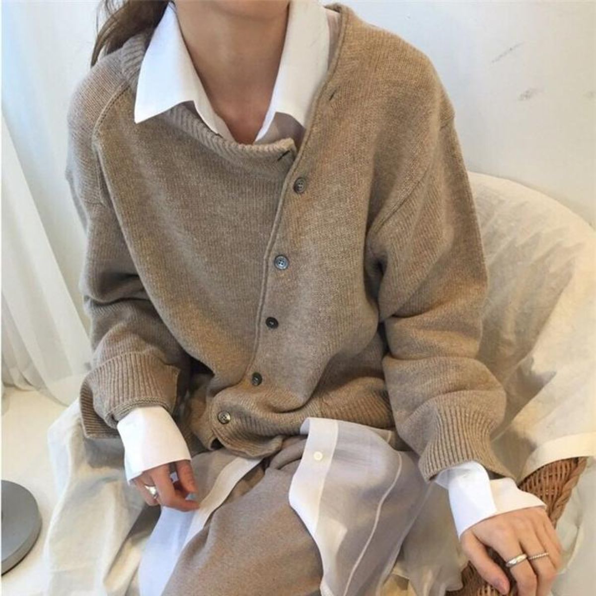 Cashmere Knit Cardigan  Asymmetric Button Design - Product example