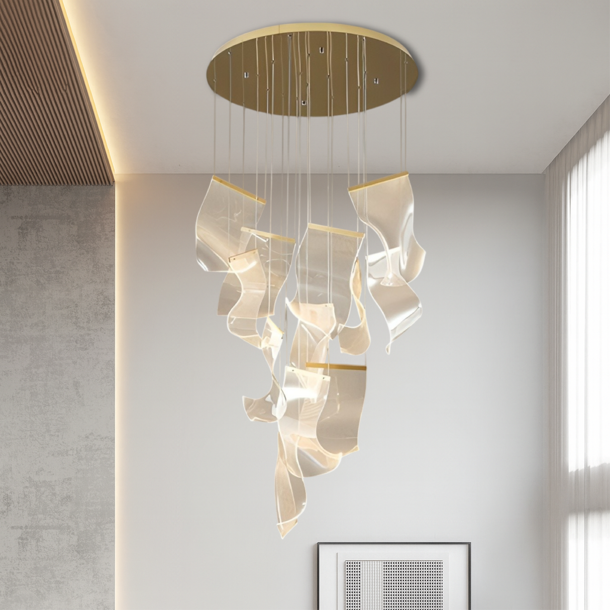 Modern Sculptural Chandelier Cascading Acrylic Panels with Gold Accents - Product showcase