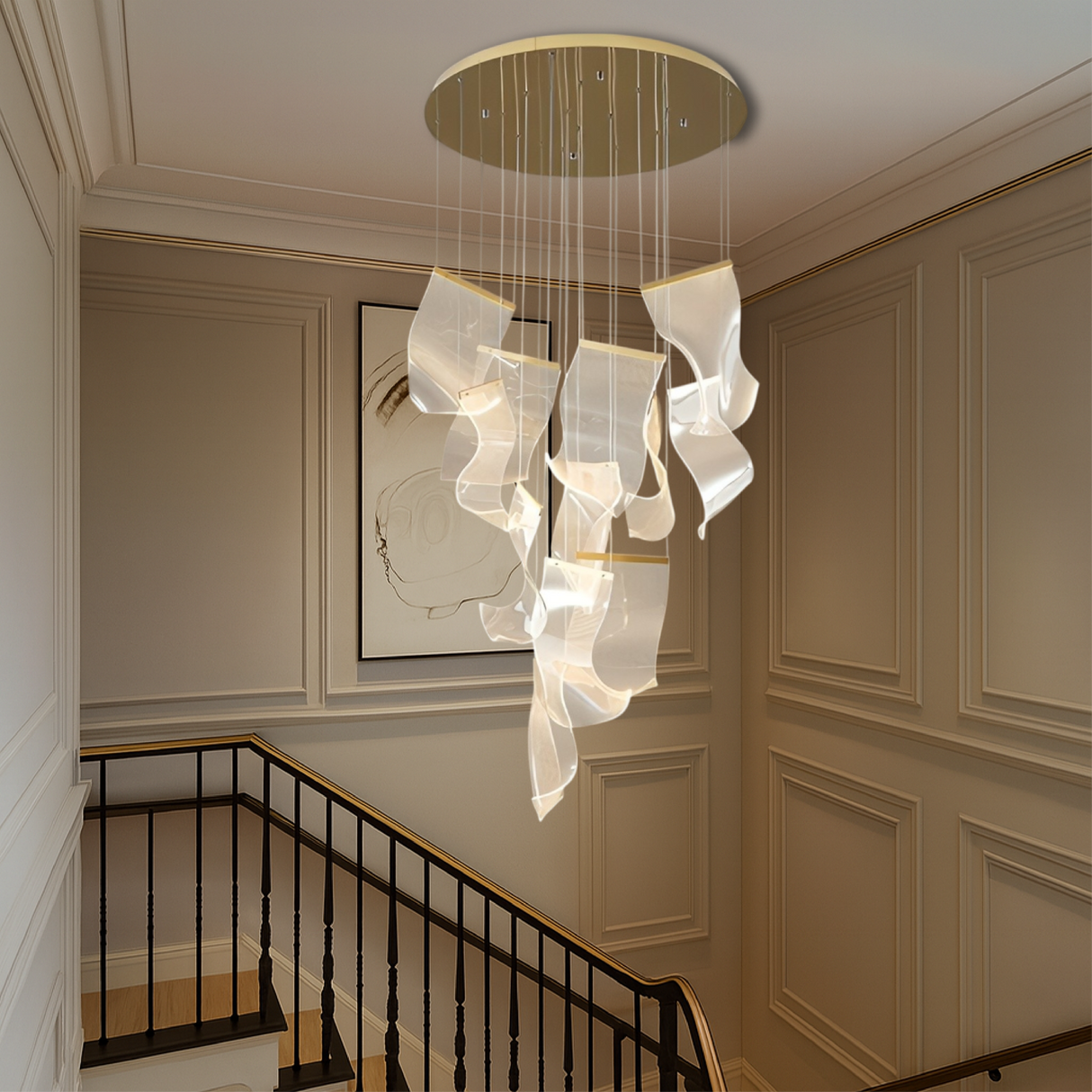Modern Sculptural Chandelier Cascading Acrylic Panels with Gold Accents - Detailed view