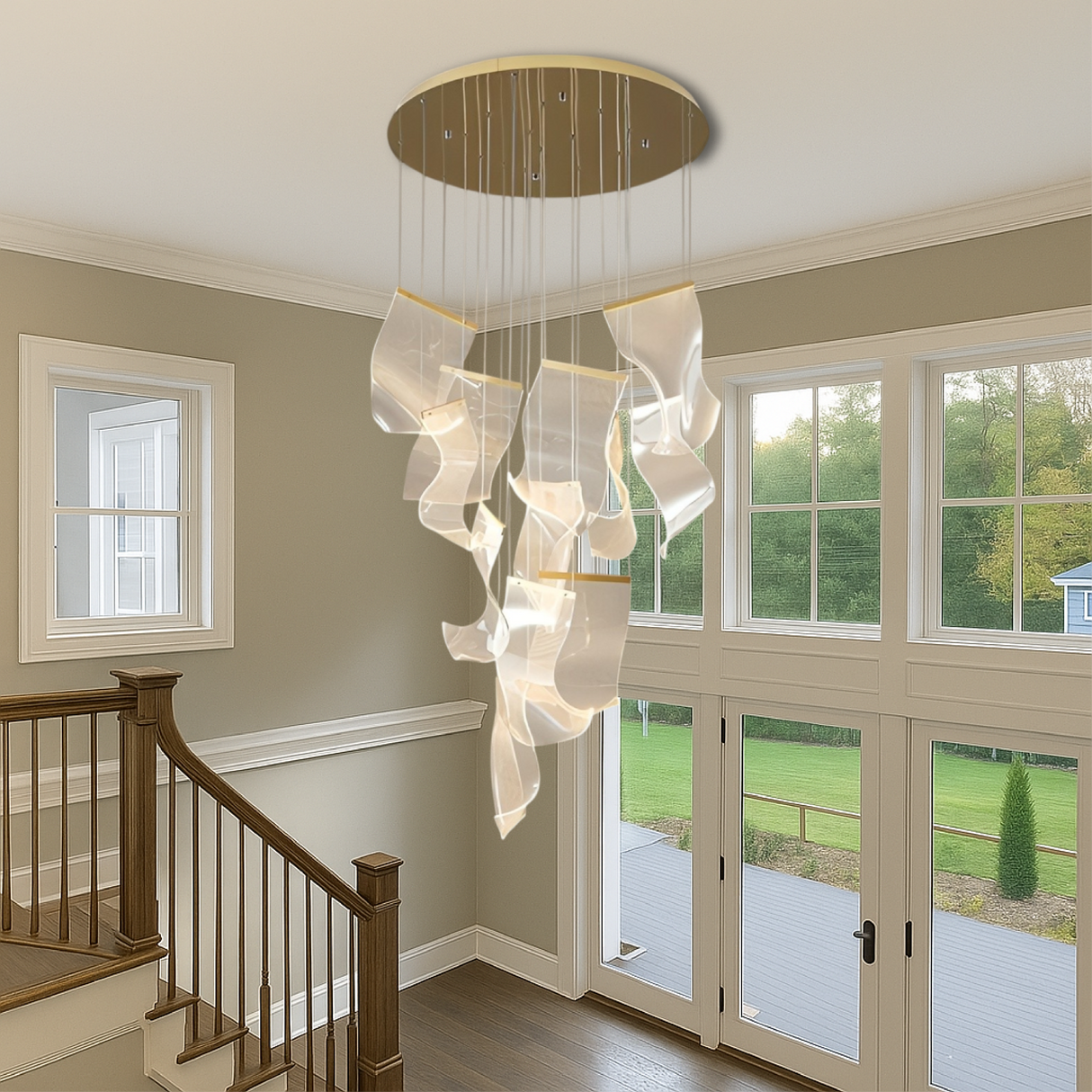 Modern Sculptural Chandelier Cascading Acrylic Panels with Gold Accents - Product example
