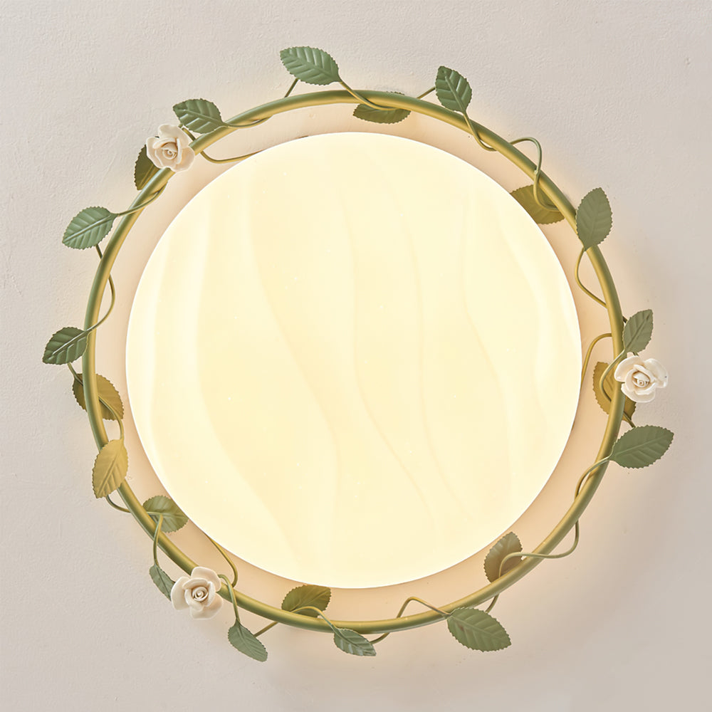 Floral Ceiling Light Rose Wreath Design with Green Accents - Detailed view