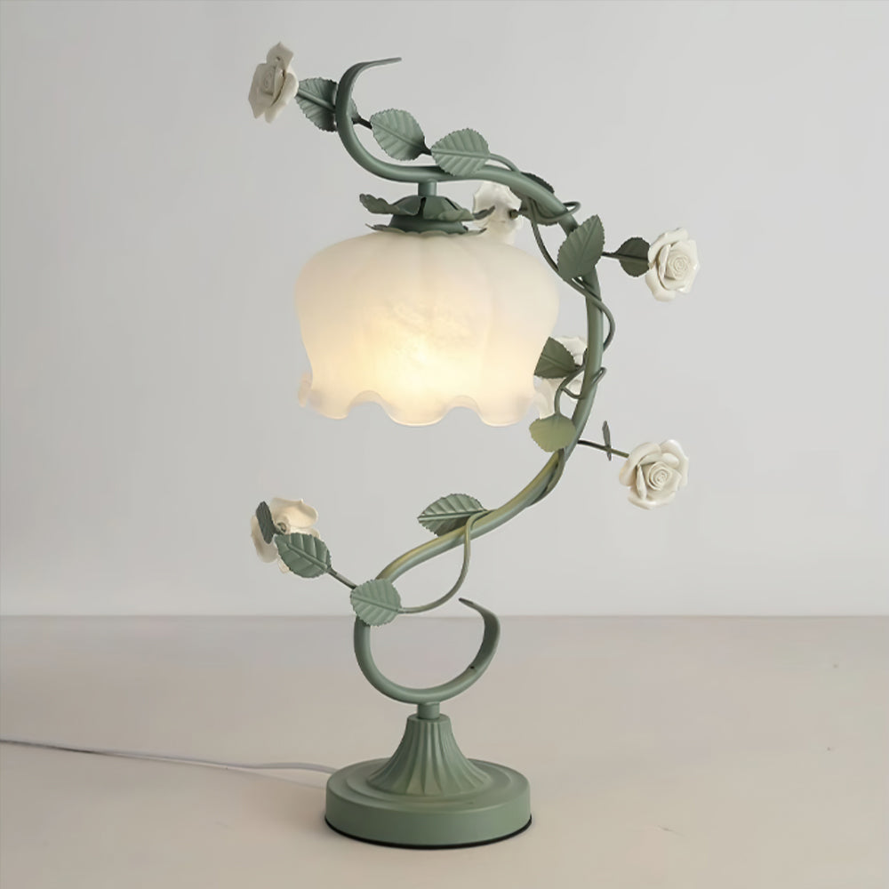 Floral Table Lamp Curved Green Metal Design With Glass Shade - Product detail 12
