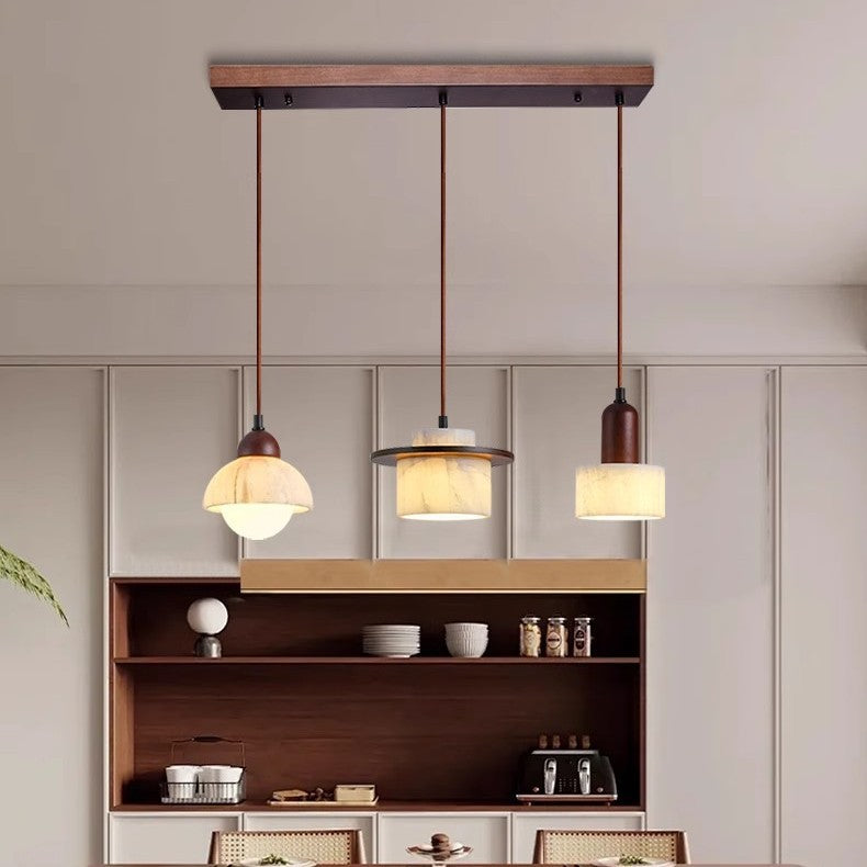 Modern Marble Pendant Light Alabaster Stone with Wood Trim - Detailed view