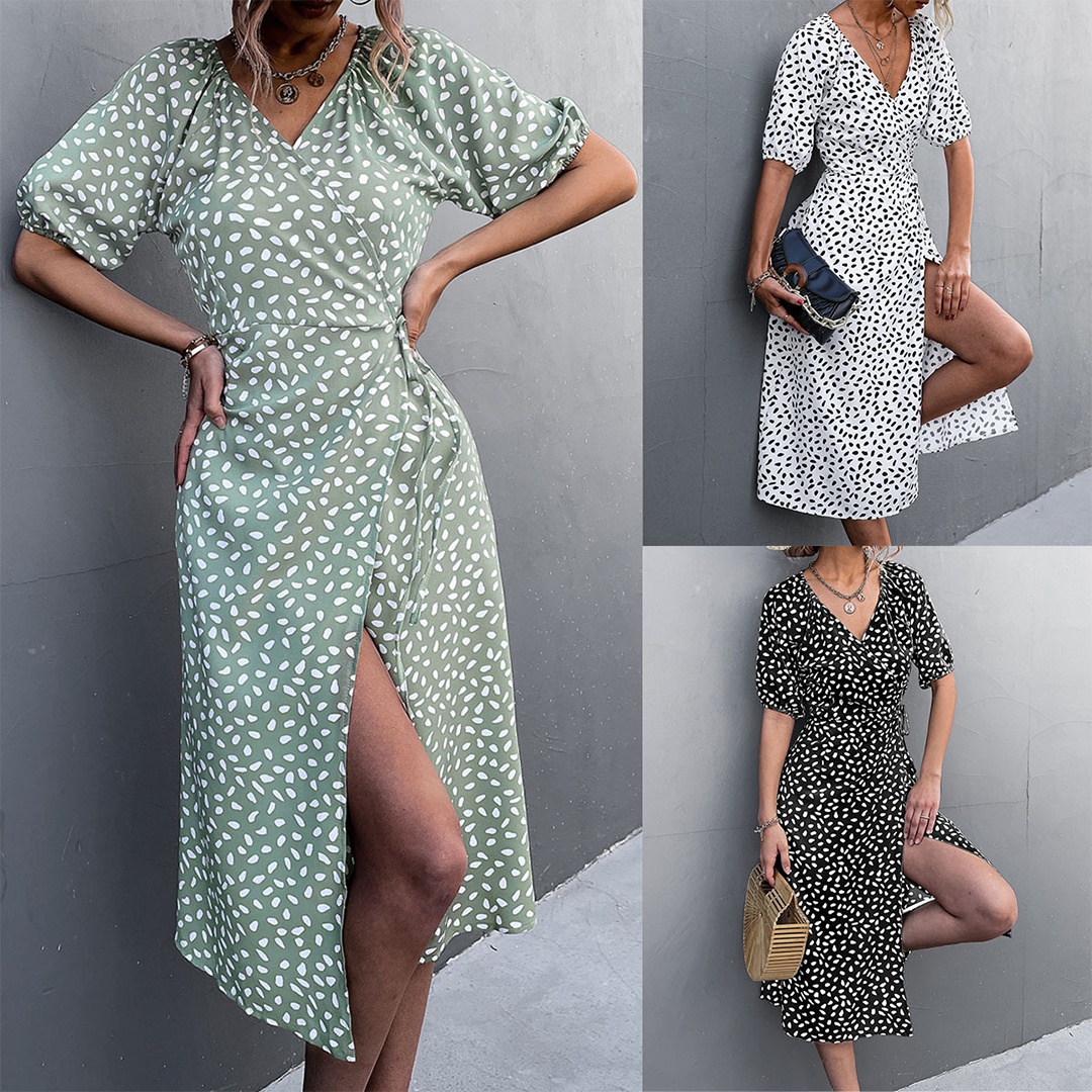 Floral Wrap Midi Dress Sage Green Spotted Pattern - Product detail 5