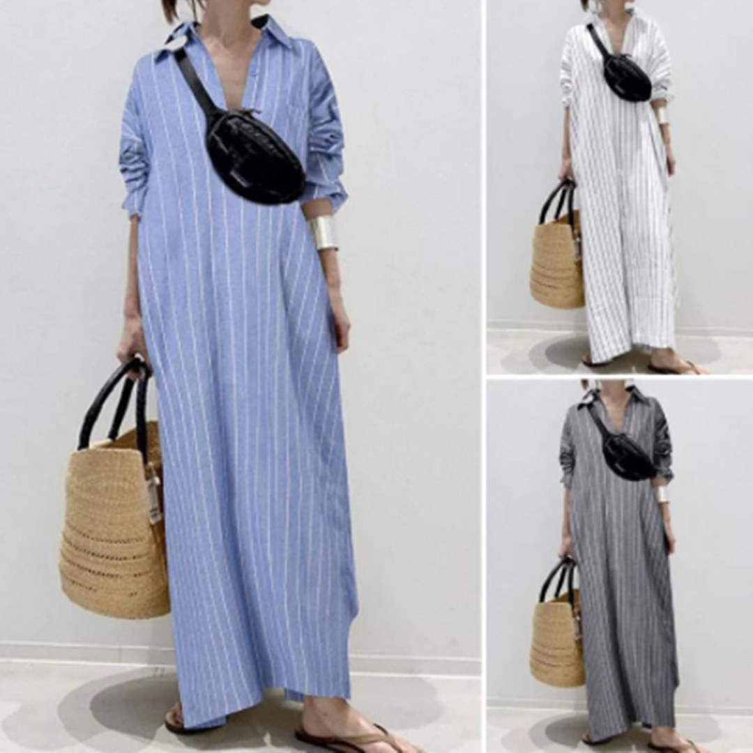 Striped Maxi Dress Relaxed Cotton Blend Long Shirt Style - Product detail 4