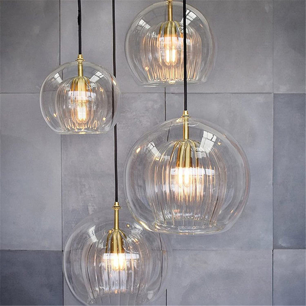 Modern Glass Pendant Light Amber Ribbed Globe Design - Product detail 7