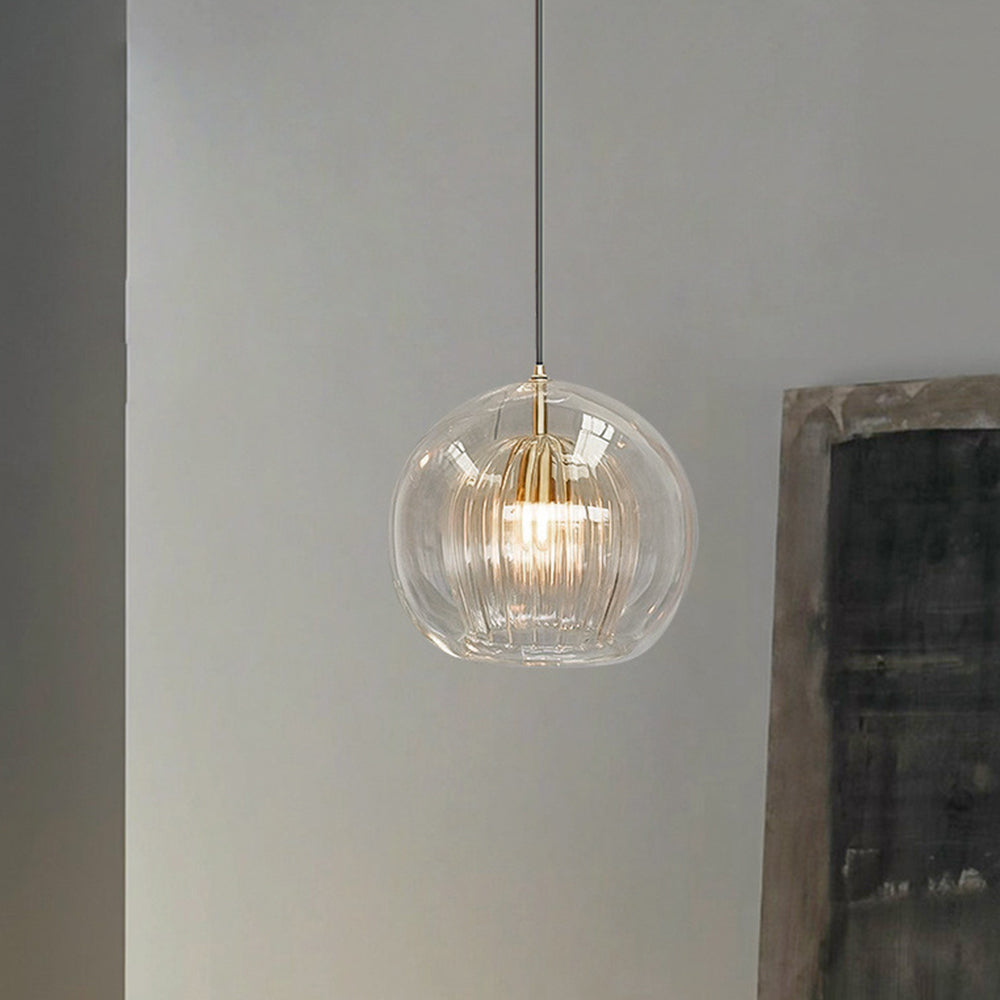 Modern Glass Pendant Light Amber Ribbed Globe Design - Detailed view