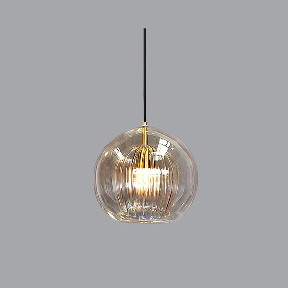 Modern Glass Pendant Light Amber Ribbed Globe Design - Product detail 11