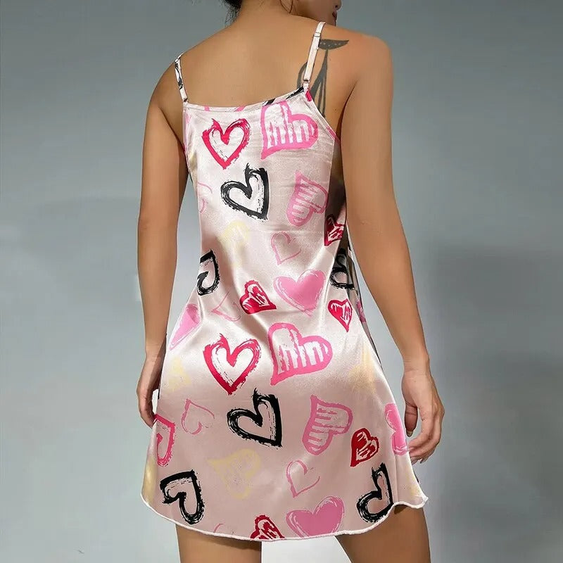 Satin Sleep Dress Love Hearts Print Nightwear - Product example